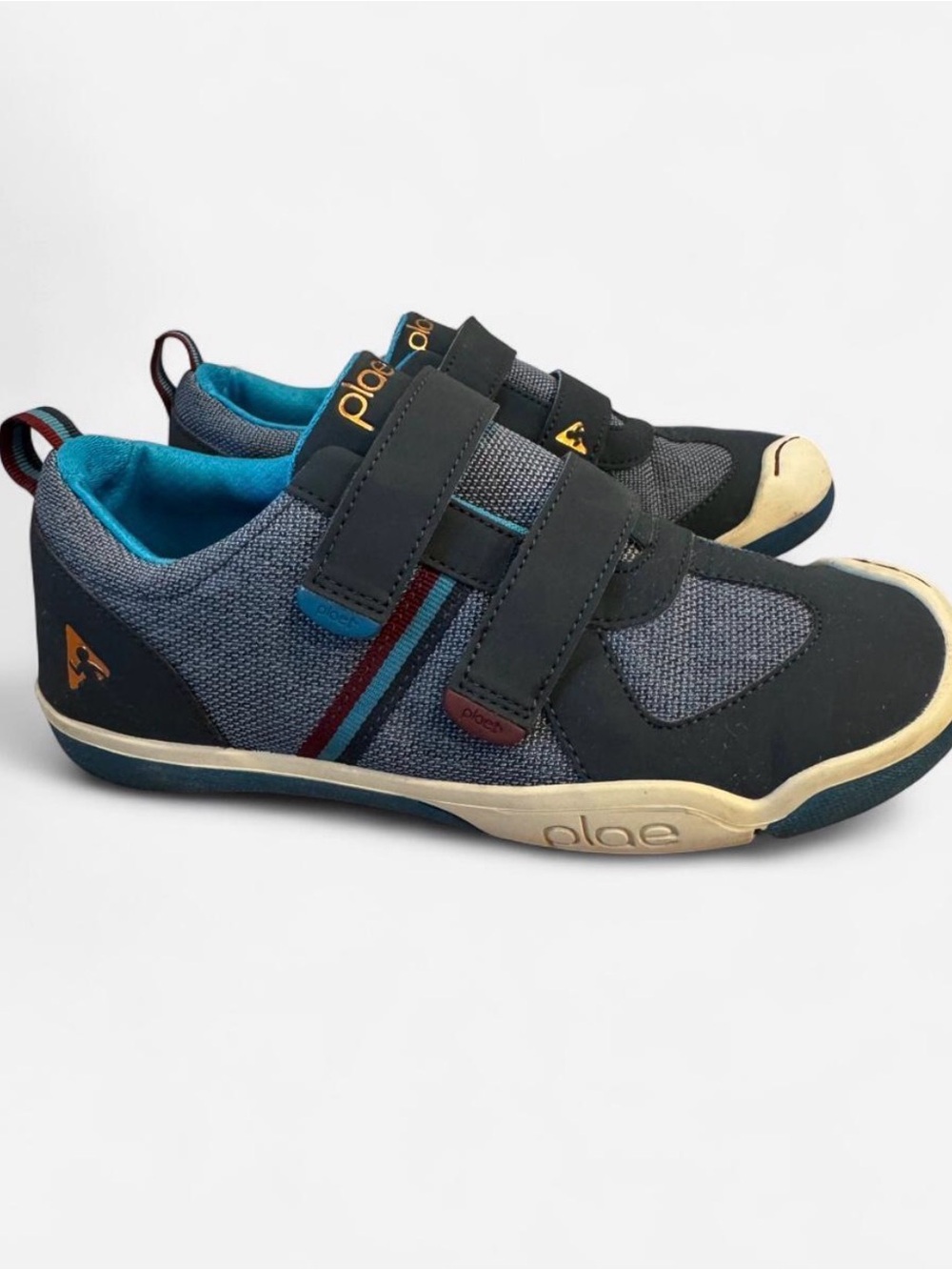 PLAE Kids Velcro Sneakers in Navy, Teal, and Red Accent